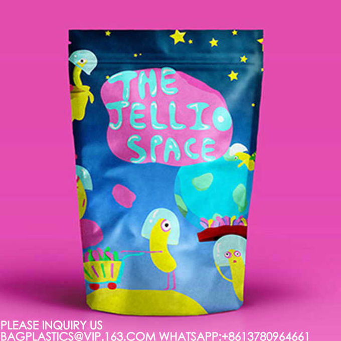 Sustainable Double-Sided Glossy Wide Mouth Smell Proof Stand Up Resealable Pouch Bags 5