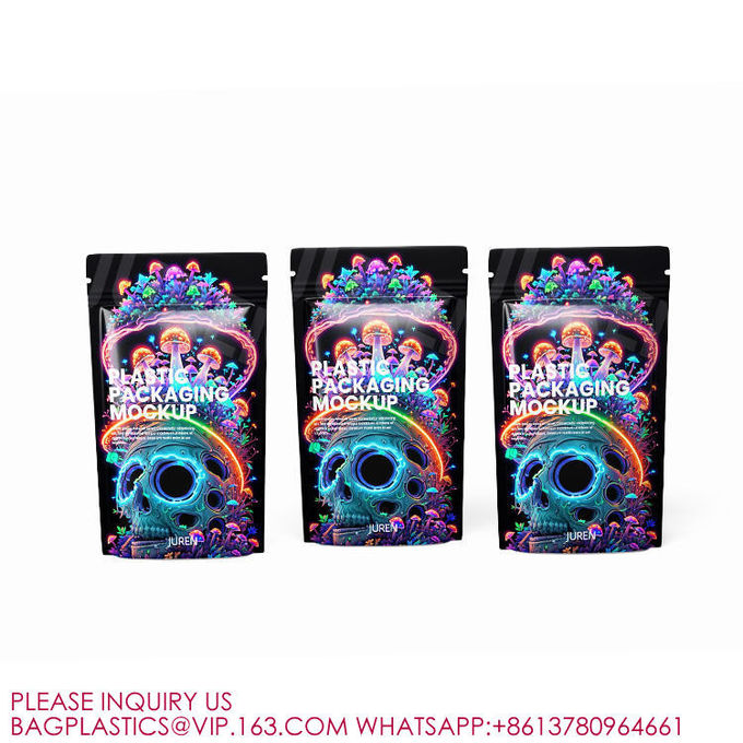 Smell Proof Child Resistant Aluminum Foil Dried Mushrooms Flower Mylar Bags With Window 0