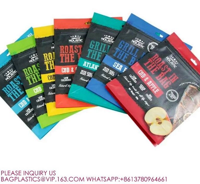 Wholesale Self Sealing Stand Up Flat Bottom Zip Lock Hanging Plastic Bags Food Pouches 4