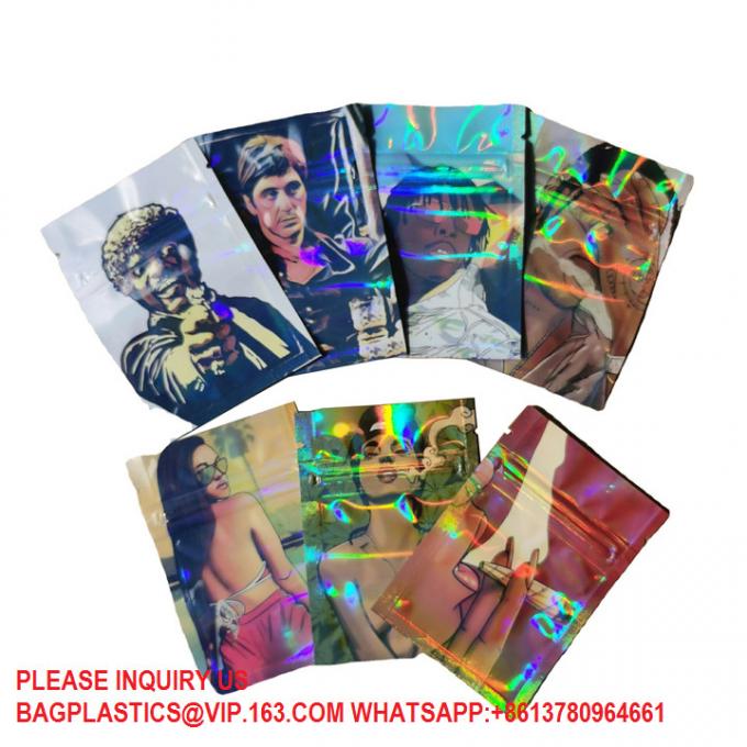 Wholesale Food Clear Holographic Mylar Bags Custom Materials Smell Proof Stand Up Pouch 1