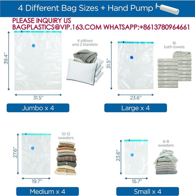 Space Saving Clothes Vac Pack Vacuum Storage Bags Variety Pack with Hand Pump Included 8